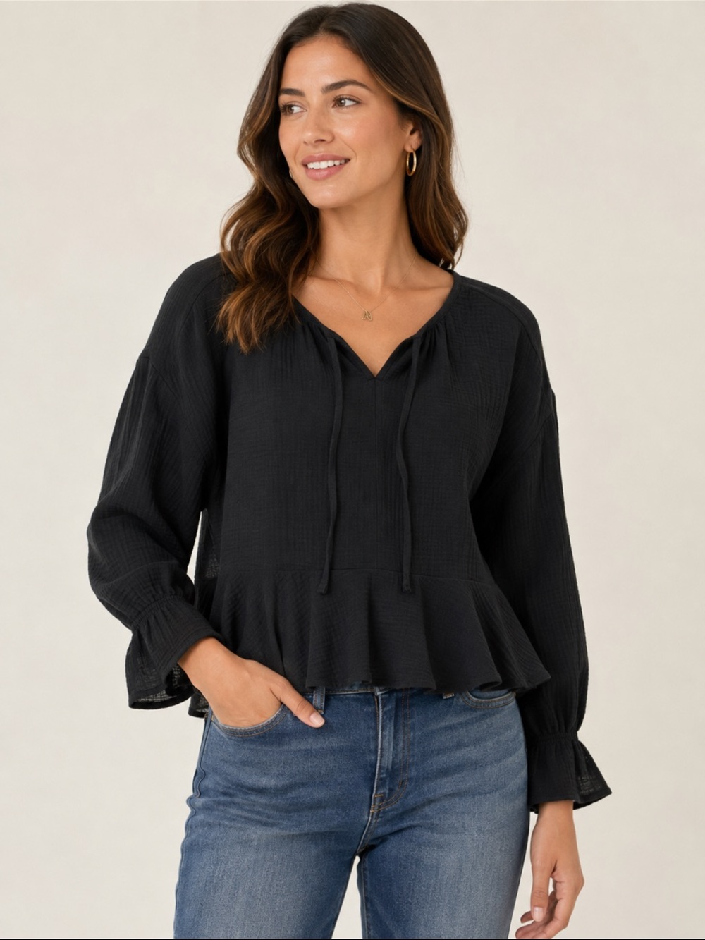DKNY Jeans Black Peplum Blouse 100% Cotton Long Sleeve Tie Neck Top Medium NWT